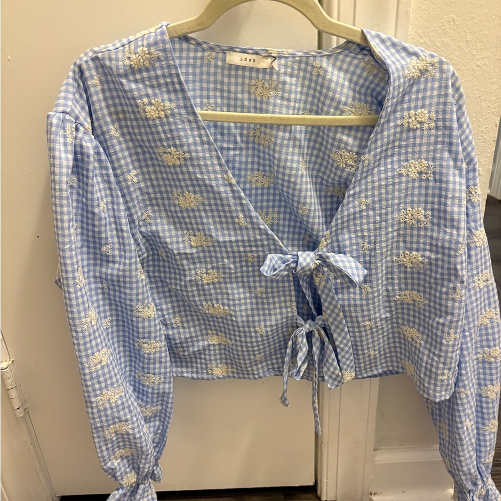 Lush Blue Gingham Blouse with Floral Embroidery